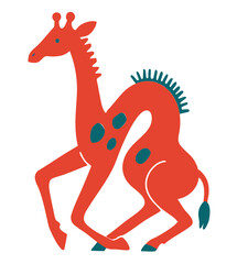 Giraffe illustration, colorful minimalist style, mid-century modern, childlike shapes, whimsical character design, no outlines, solid colors, stylized proportions
