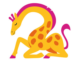 Giraffe illustration, colorful minimalist style, mid-century modern, childlike shapes, whimsical character design, no outlines, solid colors, stylized proportions