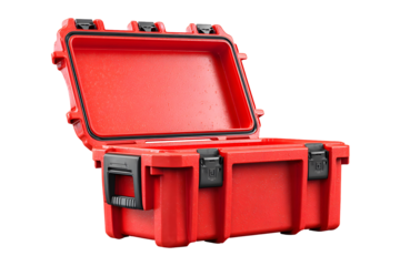 Open bright red protective case isolated on transparent Background, sturdy design for transporting gear