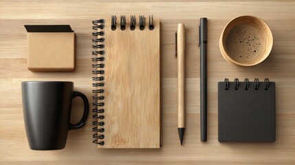 Wooden desk with neatly arranged stationery, a minimalist workspace for focused productivity
