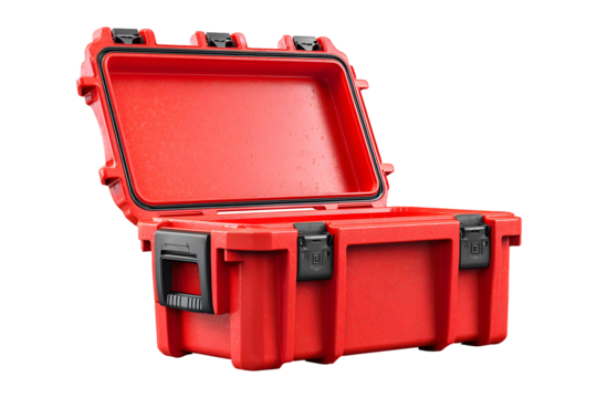 Open bright red protective case isolated on transparent Background, sturdy design for transporting gear