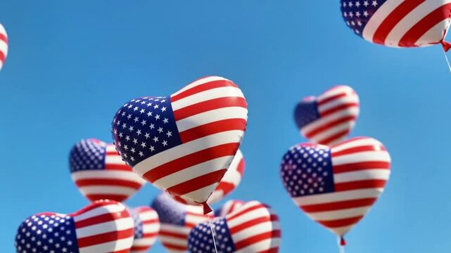 Heart-shaped balloons representing the American flag against a clear blue sky. - Powered by Adobe