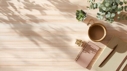 Wooden desk with neatly arranged stationery, a minimalist workspace for focused productivity
