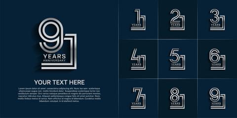 Anniversary logo style double line number set. silver color on blue background for celebration event