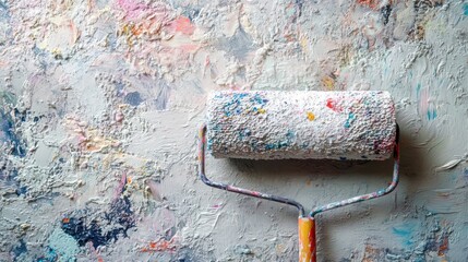 Paint Roller on Textured Wall: A Colorful Close-Up