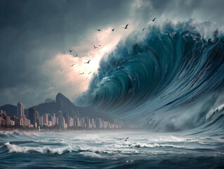 Massive Tsunami Wave Approaching Coastal City