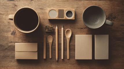 Wooden desk with neatly arranged stationery, a minimalist workspace for focused productivity
