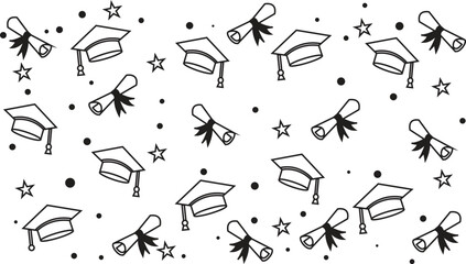 Graduation Pattern Vector with Hand Drawn Diploma Scrolls, Academic Caps, Stars and Confetti – Perfect for Education Celebration Designs