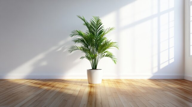 Bright spacious room with large window sunlight streaming and green potted palm plant on wooden floor - Powered by Adobe