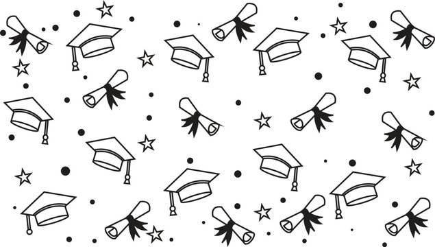 Graduation Pattern Vector with Hand Drawn Diploma Scrolls, Academic Caps, Stars and Confetti &ndash; Perfect for Education Celebration Designs