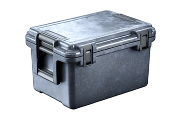 Isolated shot of a rugged metal container with latching mechanism on transparent Background