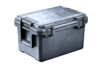 Isolated shot of a rugged metal container with latching mechanism on transparent Background