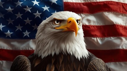 Naklejka premium Proud Bald Eagle with piercing eyes and beak perched in front of the American flag background