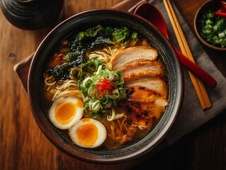 Authentic Japanese Ramen Bowl with Soft Boiled Eggs and Fresh Vegetables