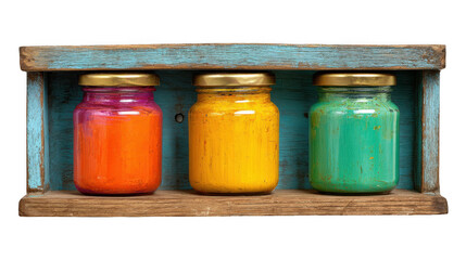 Vibrant orange, yellow, and green powders stored in glass jars with gold lids, arranged on a rustic wooden shelf against a transparent background