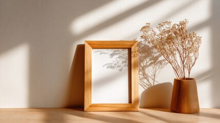 Wooden frame on light surface, minimalist Scandinavian style with soft shadows. Simplicity and natural elegance in home decor.
