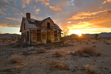 a house in the middle of a desert with a sunset in the background