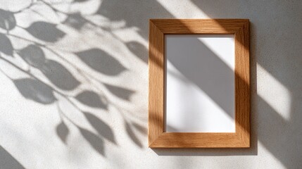 Wooden frame on light surface, minimalist Scandinavian style with soft shadows. Simplicity and natural elegance in home decor.
