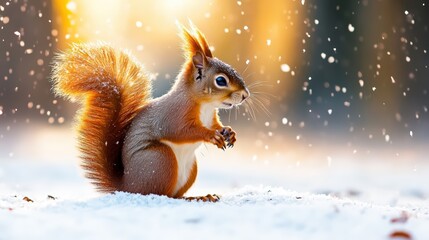 Squirrel standing on snow in winter with snowfall and warm golden sunset background, detailed nature scene