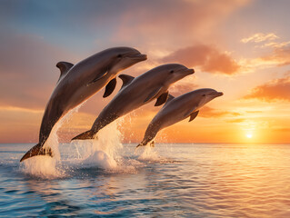 Three dolphins jumping from ocean water at sunset  © Hidesign
