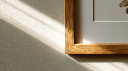 Wooden frame on light surface, minimalist Scandinavian style with soft shadows. Simplicity and natural elegance in home decor.
