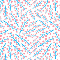 Seamless Pink Cherry Floral Pattern with Blue Branch