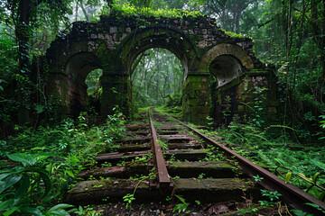 a train track in a forest with a stone arch