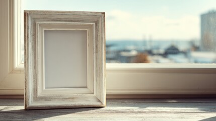 Wooden frame on light surface, minimalist Scandinavian style with soft shadows. Simplicity and natural elegance in home decor.
