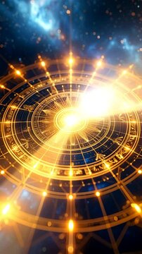 Golden astrology wheel radiating light in cosmic space