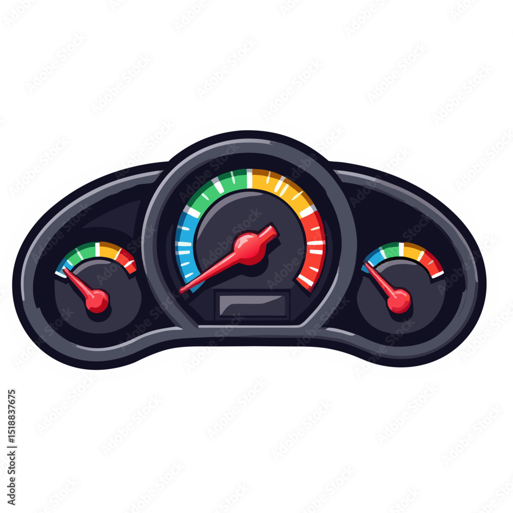Poster illustration of a vector dashboard with speedometer and gauges indicating vehicle performance