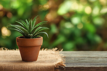 Small Potted Succulent Plant on Burlap for Home Decor Concept