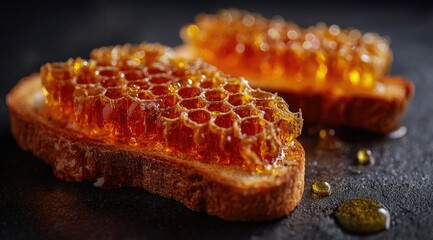 Two slices of toasted bread topped with honeycomb, drizzled with honey, sit on a dark surface.  Close-up shot emphasizes texture and golden hues