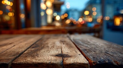 Wooden table with warm bokeh lights, evoking cozy evening ambiance
