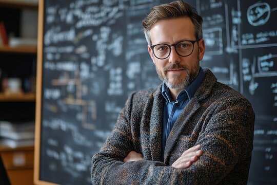 Confident Middle-Aged Male Teacher in Modern Workspace Inspires Innovation and Leadership - Powered by Adobe