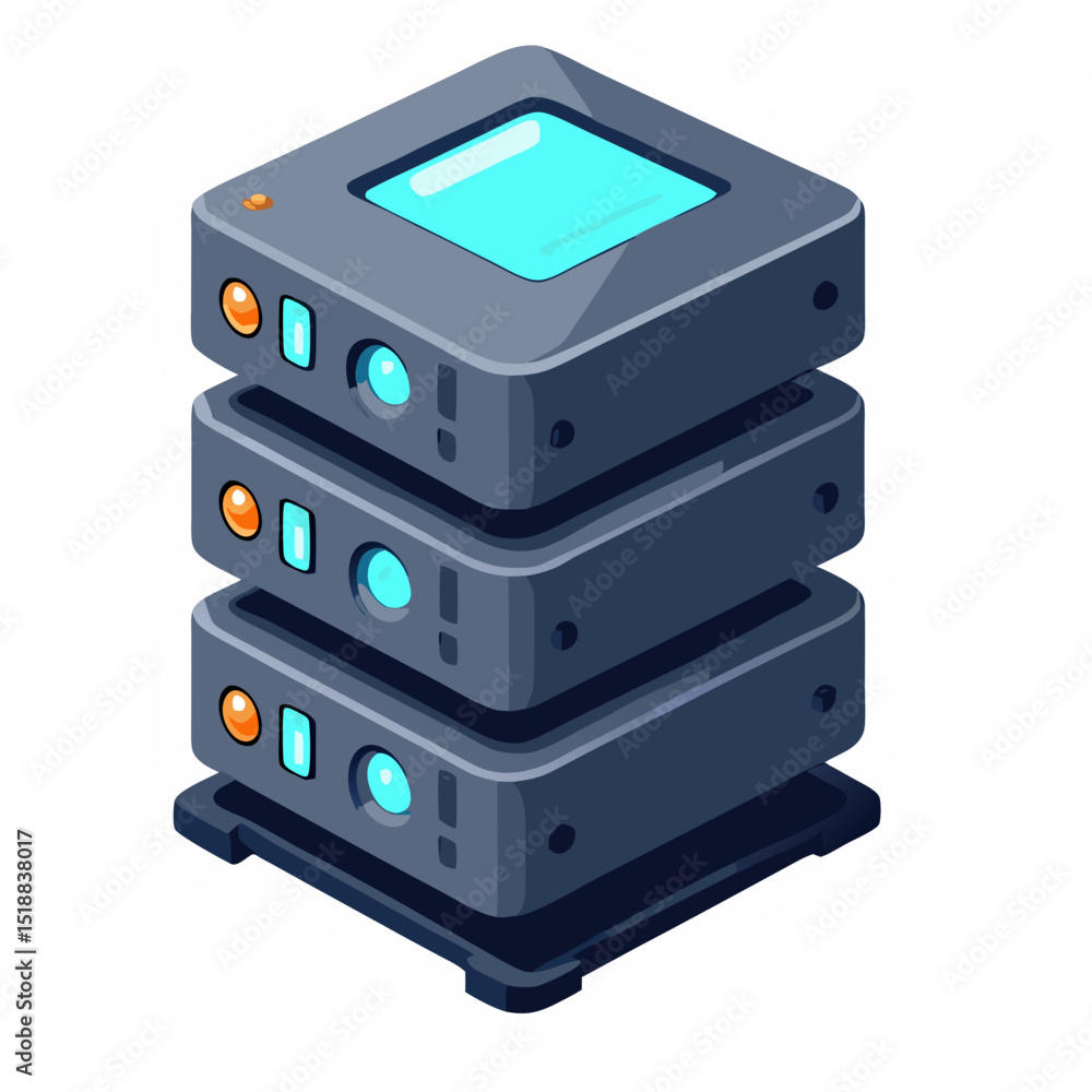Poster illustration of a stacked server rack depicting data storage and network infrastructure