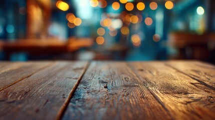 Wooden table with warm bokeh lights, evoking cozy evening ambiance
