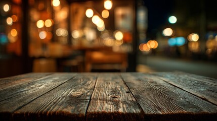 Wooden table with warm bokeh lights, evoking cozy evening ambiance
