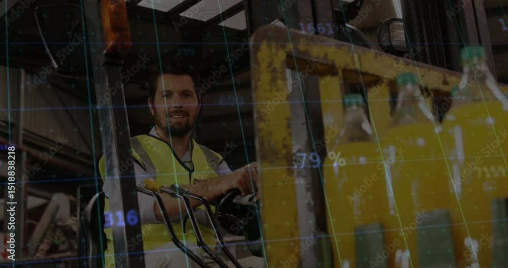 Poster Warehouse operator slicing data overlay and lifting pallet using readouts shifting to track stock