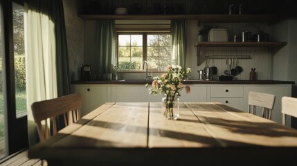 Wooden dining table in a sunlit country kitchen.