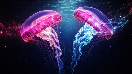 Vibrant Bioluminescent Jellyfish Floating in Dark Ocean with Glowing Tentacles and Bright Colors