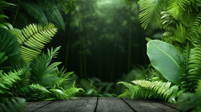 Lush green tropical jungle with vibrant foliage and dense forest atmosphere for adventure theme - Powered by Adobe