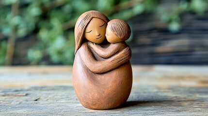 A clay sculpture of a mother embracing her child, symbolizing love and nurturing.