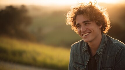 Young man smiling in golden sunlight, portrait against a green meadow. Joy and warmth in a peaceful moment.

