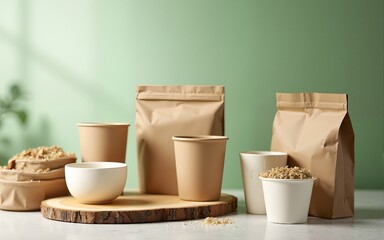 Eco friendly paper tableware and packaging made from biodegradable materials. zero waste and recycling concept. Green package or disposable for sustainable environmental and environmental protection