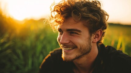 Young man smiling in golden sunlight, portrait against a green meadow. Joy and warmth in a peaceful moment.
