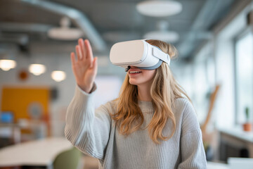 Professional Woman Using Virtual Reality Headset in Modern Office Environment
