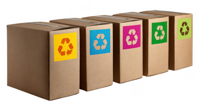 Five cardboard boxes displaying vibrant recycling symbols in yellow, light blue, pink, green, and light green promote environmental awareness and sustainable practices on a transparent background