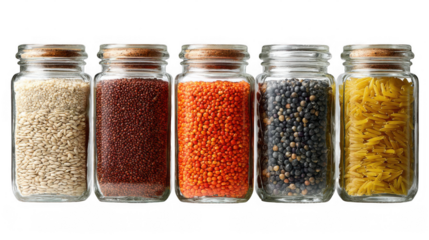 Five glass jars filled with various grains and legumes, including rice, quinoa, lentils, and pasta, are arranged in a row on a transparent background, showcasing a variety of healthy food options