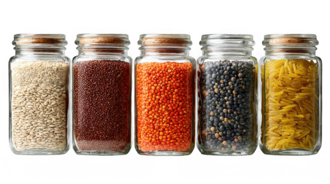 Five glass jars filled with various grains and legumes, including rice, quinoa, lentils, and pasta, are arranged in a row on a transparent background, showcasing a variety of healthy food options