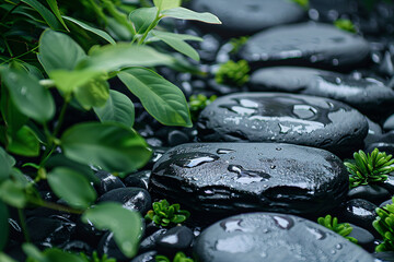 a group of black stones with water droplets